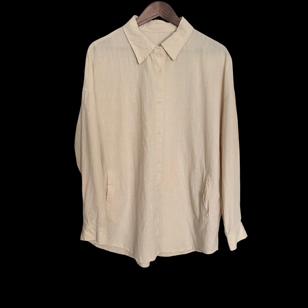 Muji Beige Cotton Button Up Shirt Women's L Minimalist Long Sleeve